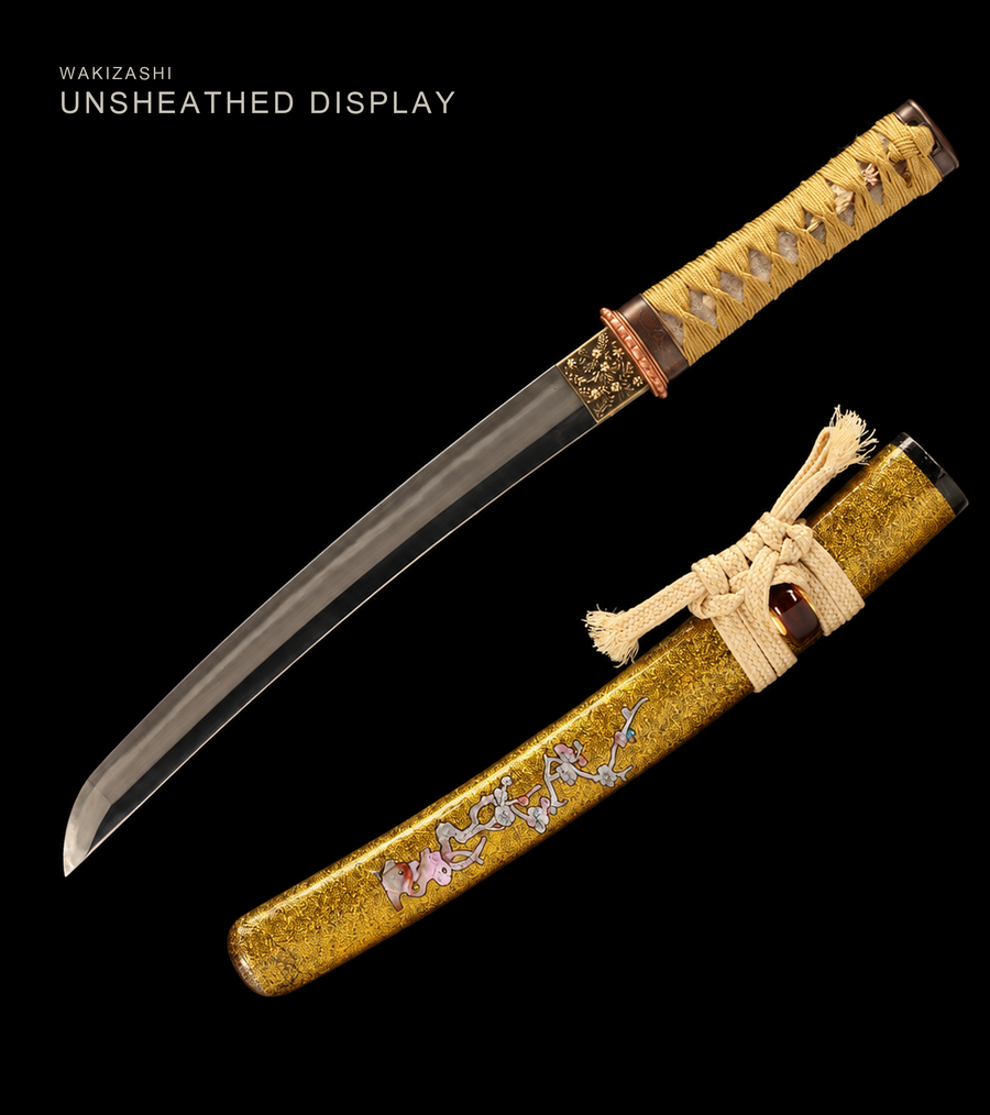 Unsharpened Golden Crow Wakizashi for Display – Clay-Tempered Steel