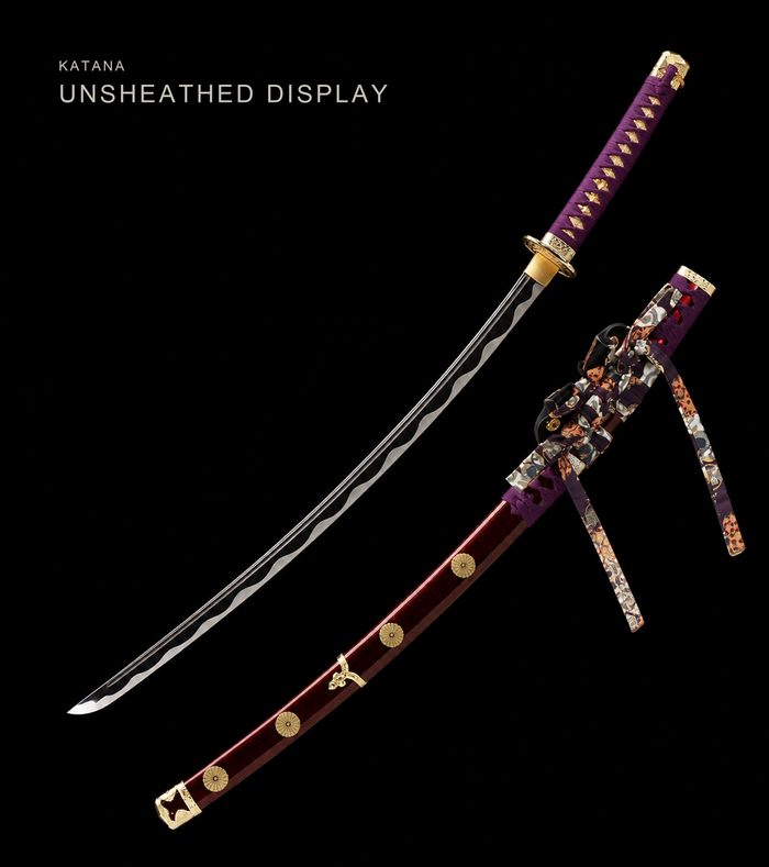 Purple Cloud Tachi — Mirror-Polished 1060, Burgundy Kamon Saya