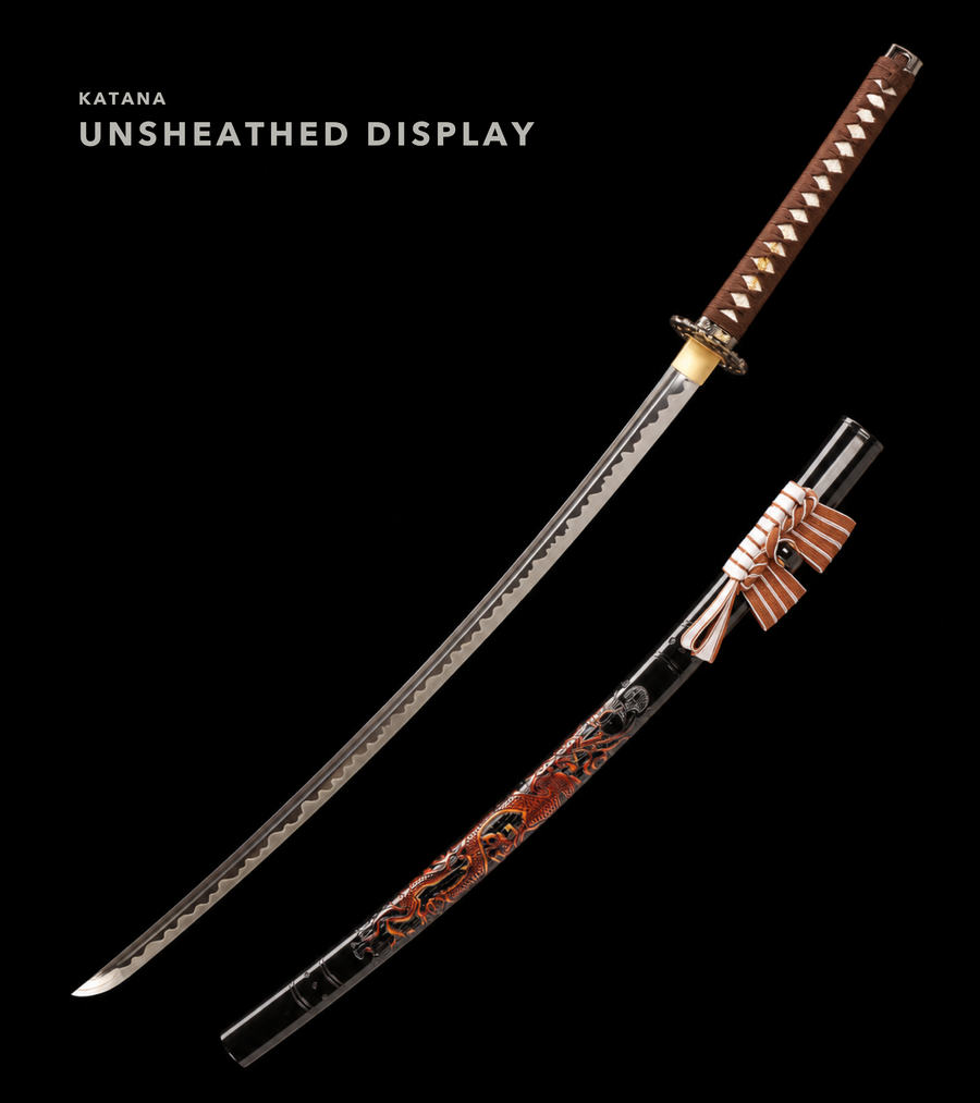 Unsharpened Twin Cloud-Dragon Relief Collector Katana — 5160 Steel, Slim Saya — view 1
