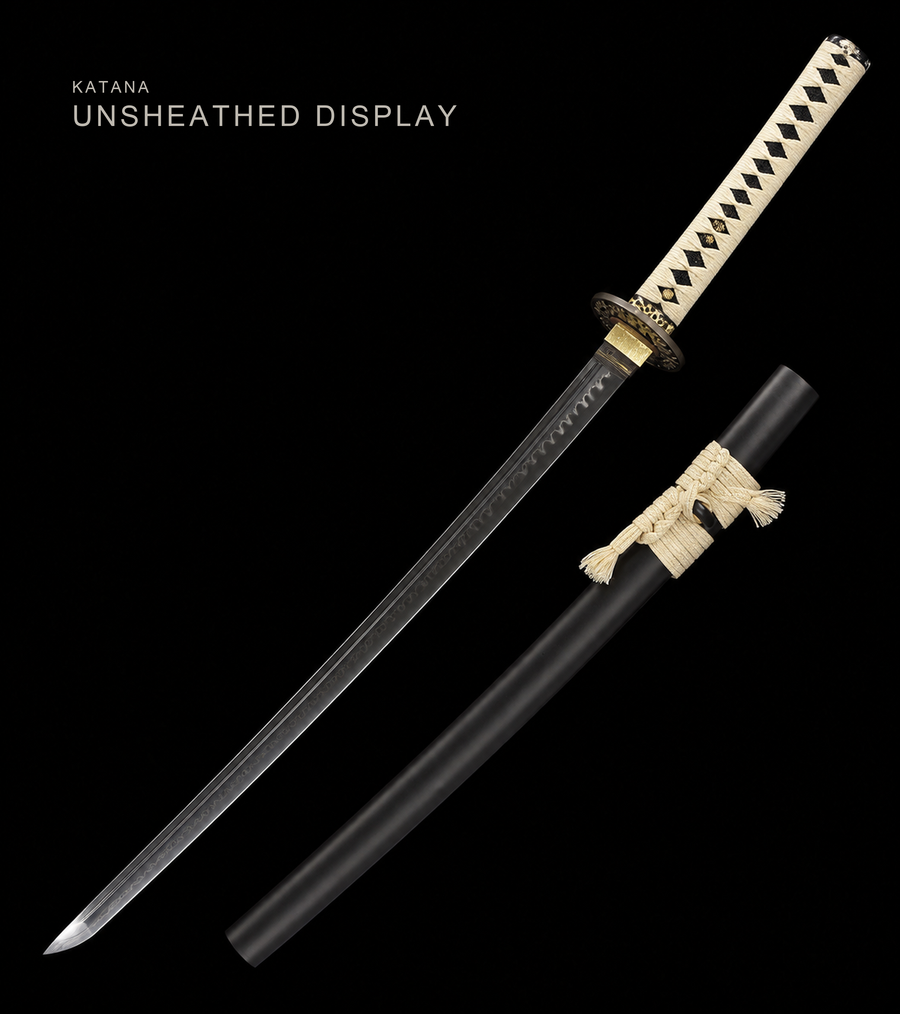 Unsharpened Chrysanthemum-Tsuba Collector Katana — Clay-Tempered T10, Lacquered Saya — view 1
