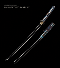 Unsharpened Hira-Zukuri Collector Katana — Black Saya, Blue-Brown Ito, Iron Mounts — gallery image 1