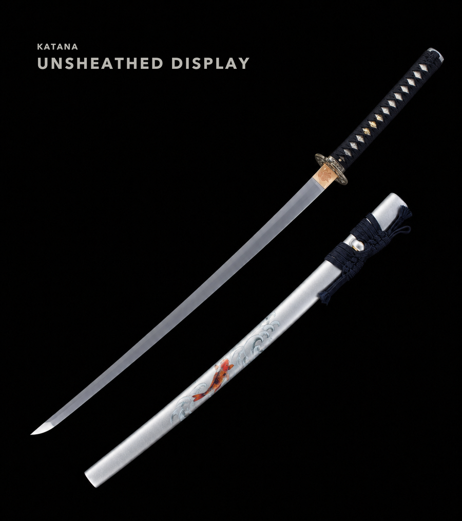 Unsharpened Twin-Fish Wave Collector Katana — 1065 Steel, Piano-Lacquer Saya — view 1