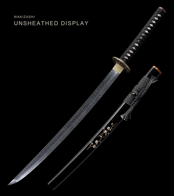 Plum Blossom Wakizashi — Sanmai T1095, Patterned Steel, Copper Fittings