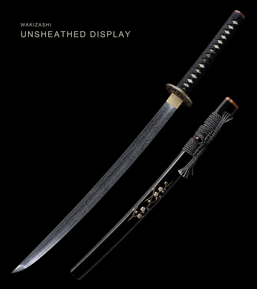 Plum Blossom Wakizashi — Sanmai T1095, Patterned Steel, Copper Fittings