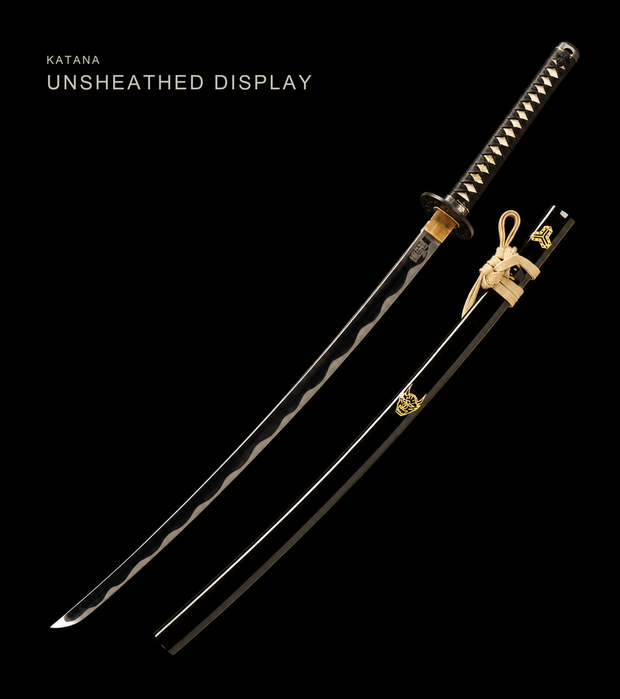 Mirror-Polished Katana — 5160 Spring Steel, Black Kamon Saya, Iron Tsuba