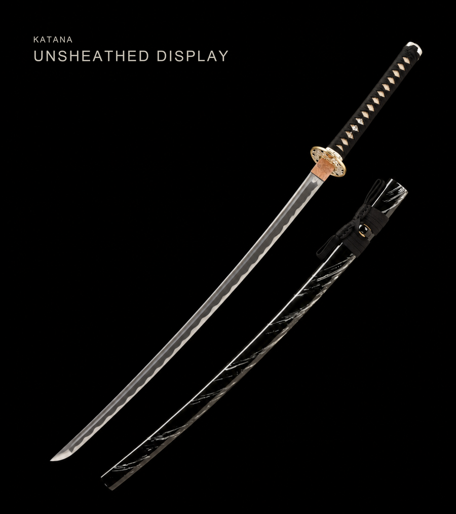 Drifting Shadow Katana — Streaked Black Saya, Copper Seppa