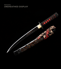 Unsharpened 1065 Collector Wakizashi — Carved Dragon Saya, Black and Red Ito — gallery image 1