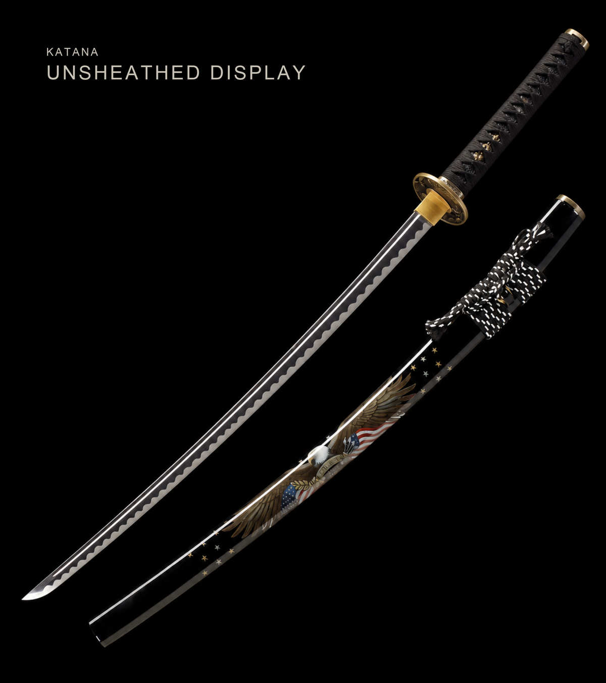 Eagle-Motif Katana — Mirror-Polished 5160, Black Lacquered Saya