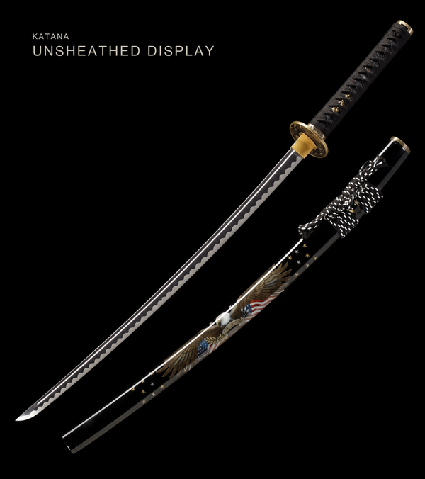 Eagle-Motif Katana — Mirror-Polished 5160, Black Lacquered Saya