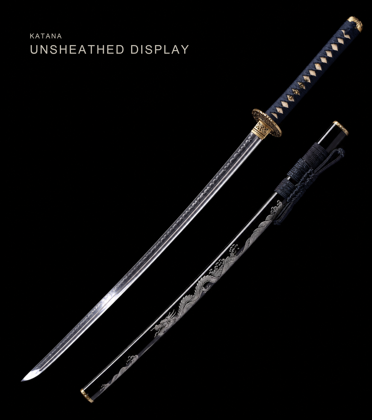 Rising Dragon Katana — Clay-Tempered T1095, Wave-Inlaid Saya, Copper Fittings