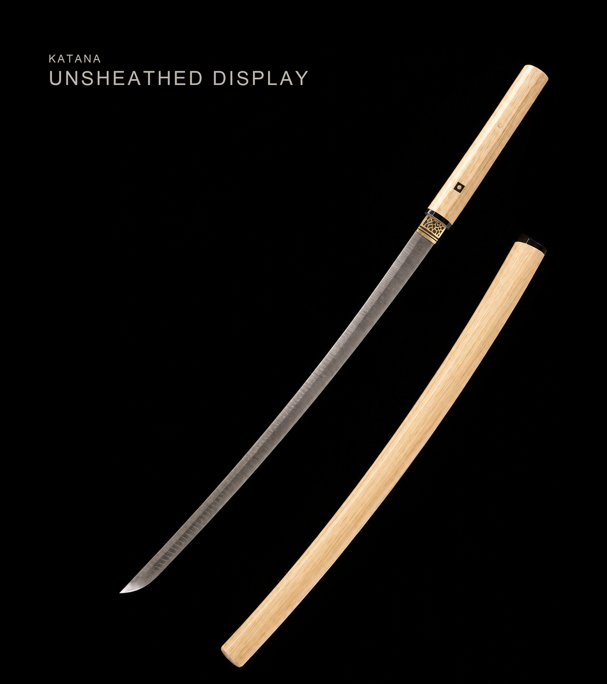 Unsharpened Ladder-Pattern Collector Iaito — Patterned Steel, Horn and White-Wood Mounts — view 1