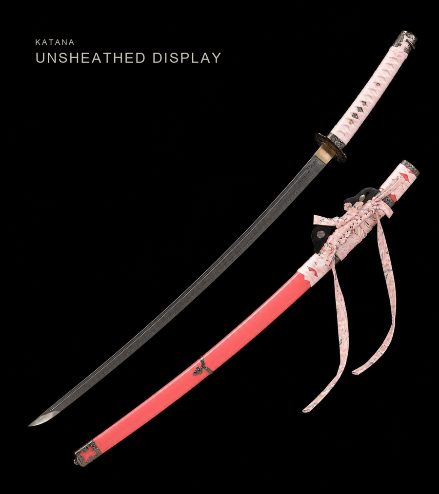 Deep-Curve Tachi — Patterned Steel, Coral Saya, Sakura Ito