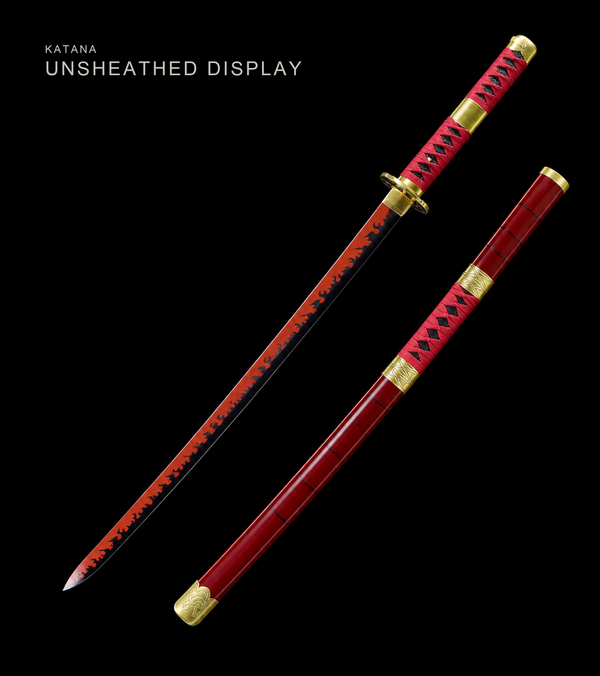 Red-Flame Anime Katana — Red Ito, Gold Cross Tsuba