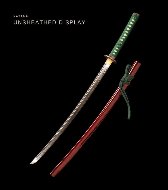 Karakusa Katana — Clay-Tempered T1095, Wine Saya, Green Ito