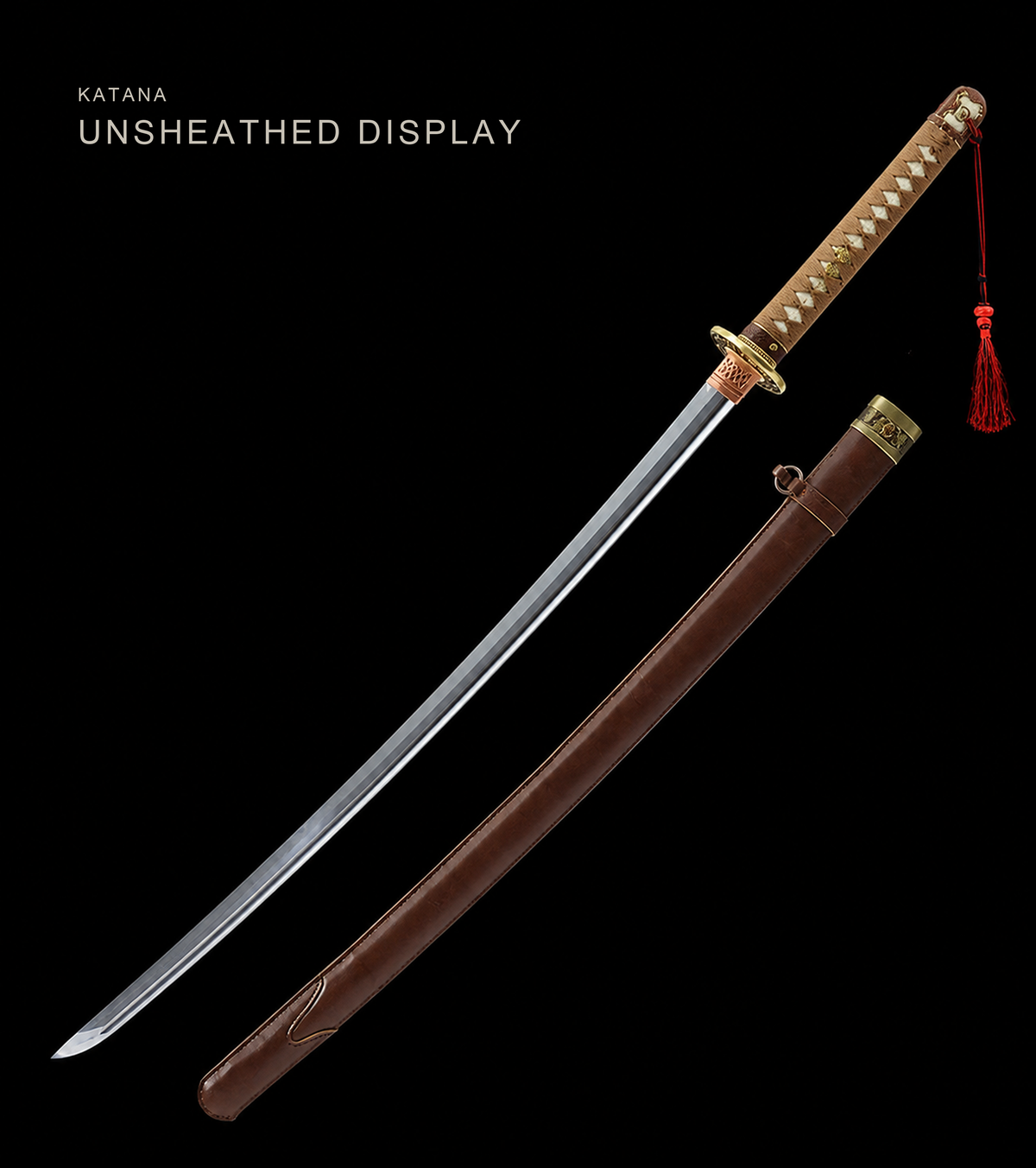 Folded Steel Type 98 Sword — Tan Ito, Brown Leather Saya