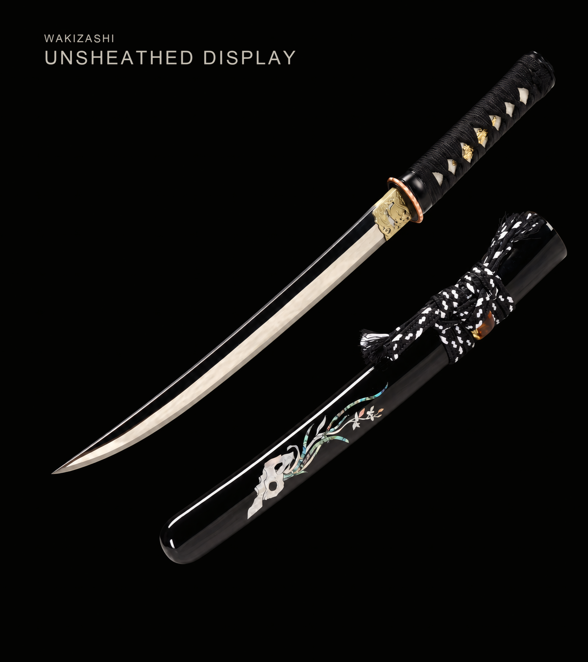Shell-Inlay Wakizashi — Mirror-Polished 1065, Copper Fittings