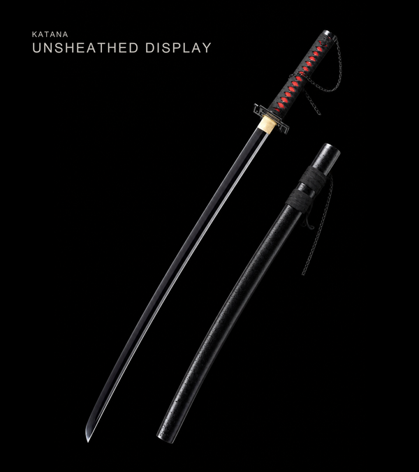 All-Black Anime Katana — Black & Red Ito, Chain Accent