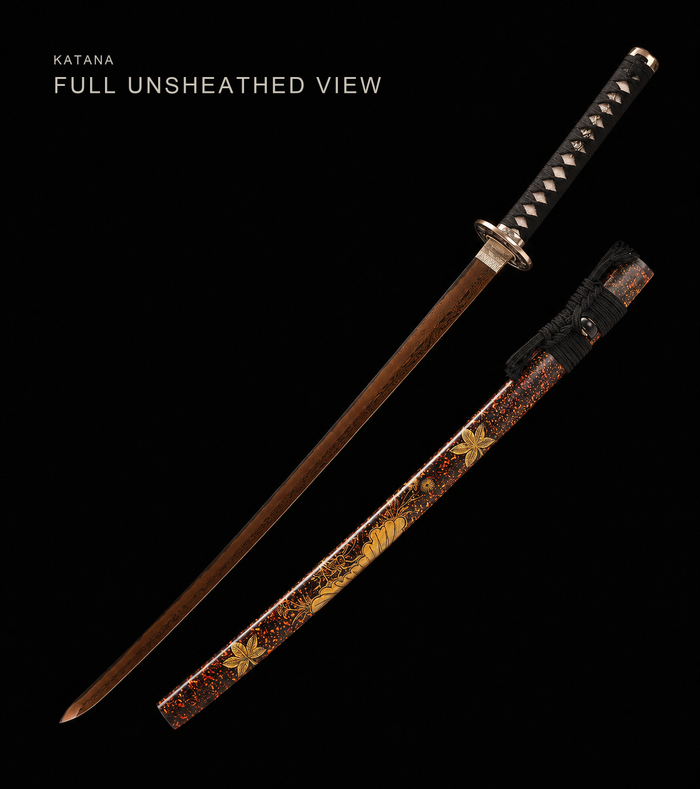 Hand-Painted Saya Katana — Sanmai Folded Steel, Gold Chrysanthemum