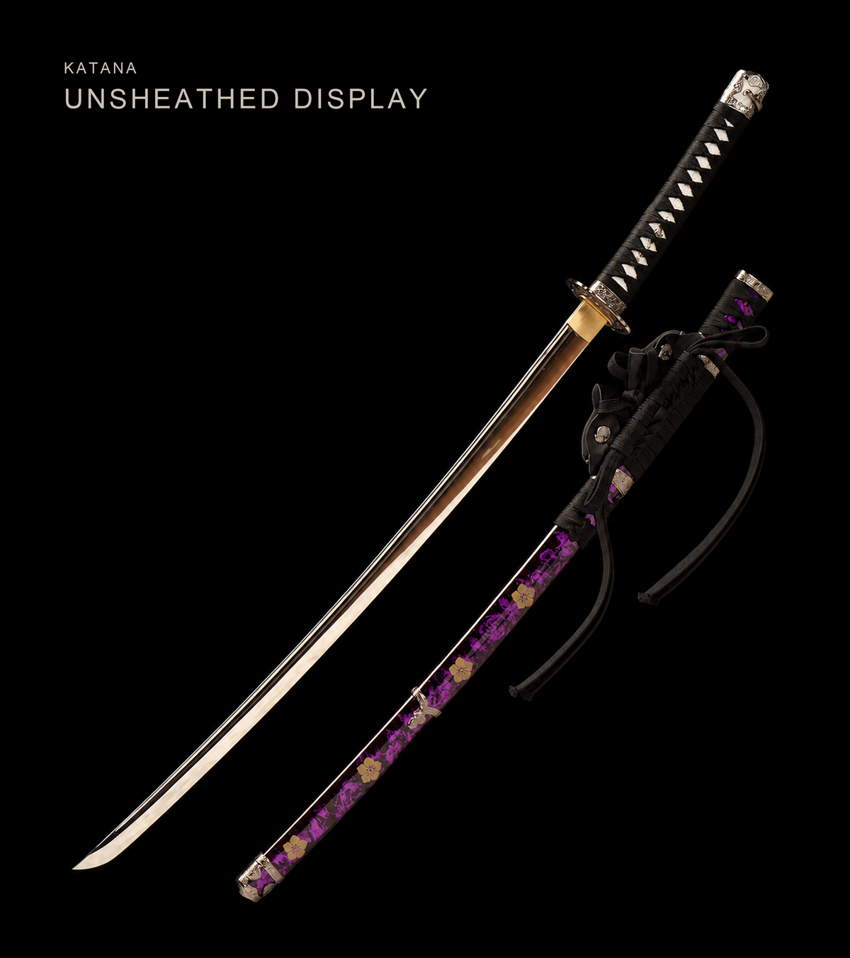 Angled-Tsuka Katana — Mirror-Polished 5160, Plum-Pattern Saya — drawn from the saya, full length