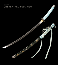 Unsharpened Deep-Curve Tachi — Clay-Tempered T10, Powder-Blue Ito, Kamon Saya — gallery image 2