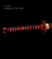 Unsharpened Patterned-Steel Collector Katana — Black Ito, Red Carved Saya — gallery image 3