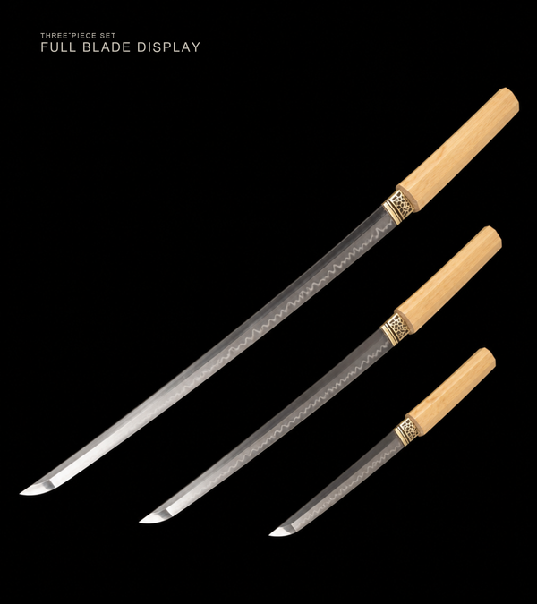 Unsharpened Three-Piece Collector Set — Clay-Tempered T10, Hexagonal White-Wood Saya — view 3