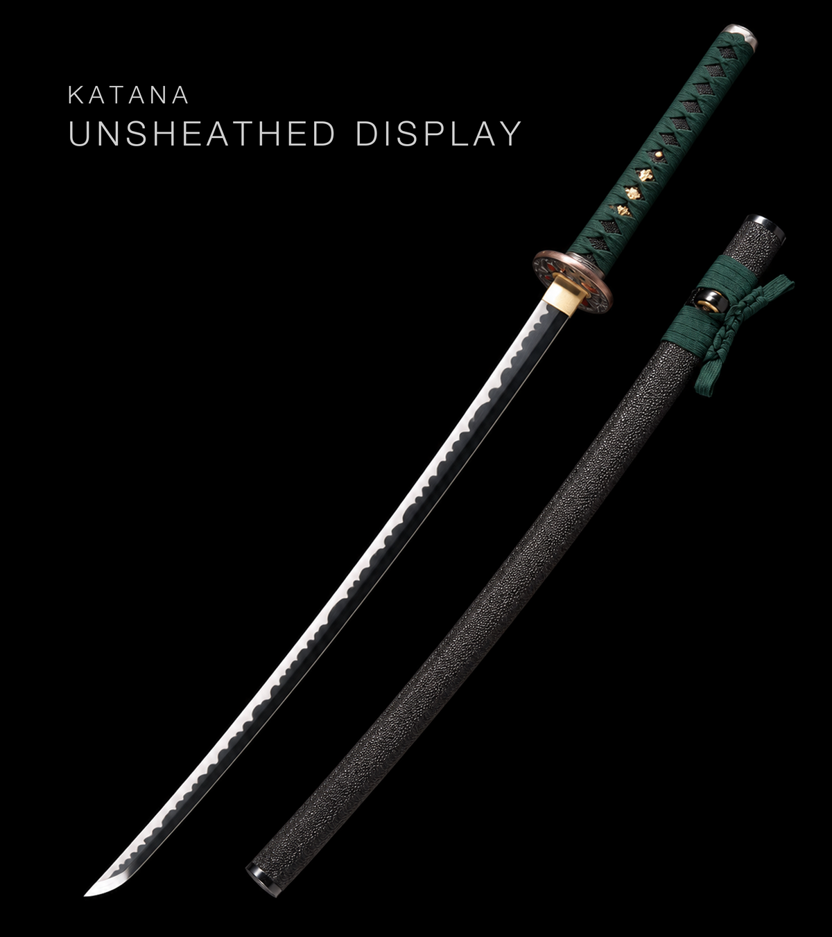 Blackened Katana — Green Ito, Black Rayskin Saya · Unsharpened