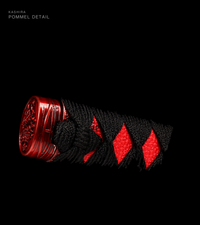 Unsharpened Patterned-Steel Collector Katana — Black Ito, Red Carved Saya — gallery image 4
