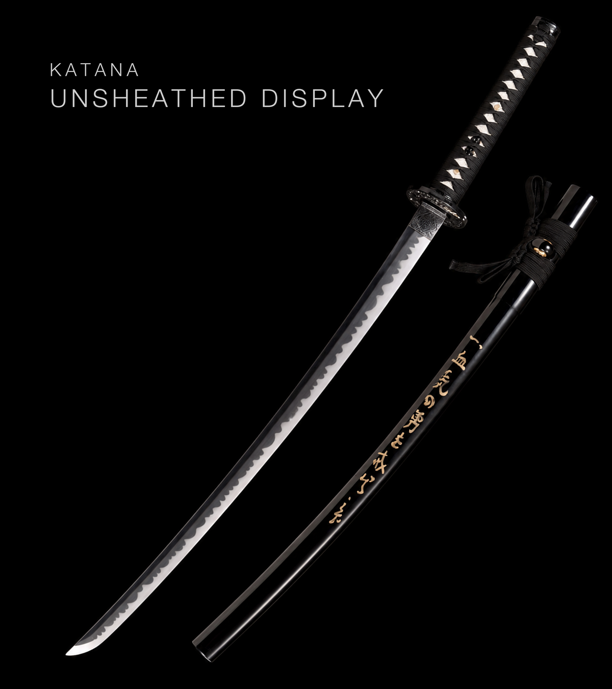 Blackened Katana — Gold Calligraphy Saya · Unsharpened