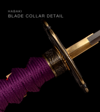 Unsharpened Patterned-Steel Collector Katana — Purple Ito, Gold-Fleck Saya — gallery image 4