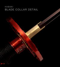 Unsharpened Patterned-Steel Collector Katana — Black Ito, Red Carved Saya — gallery image 6