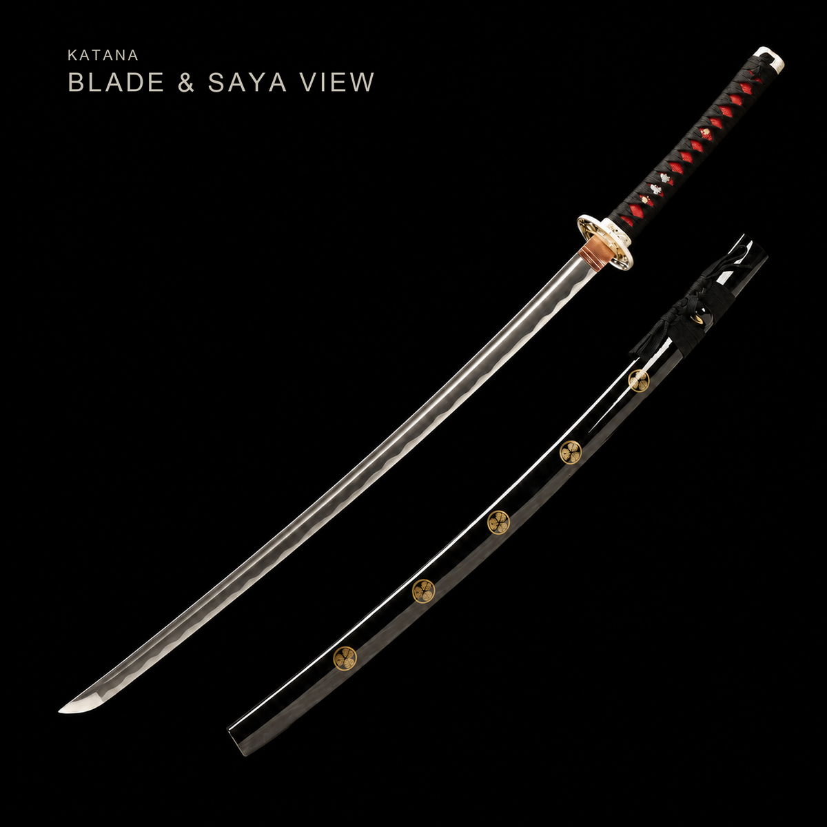 Dragon Plum Katana — Black Kamon Saya, Red-Accent Ito — blade and saya, full length