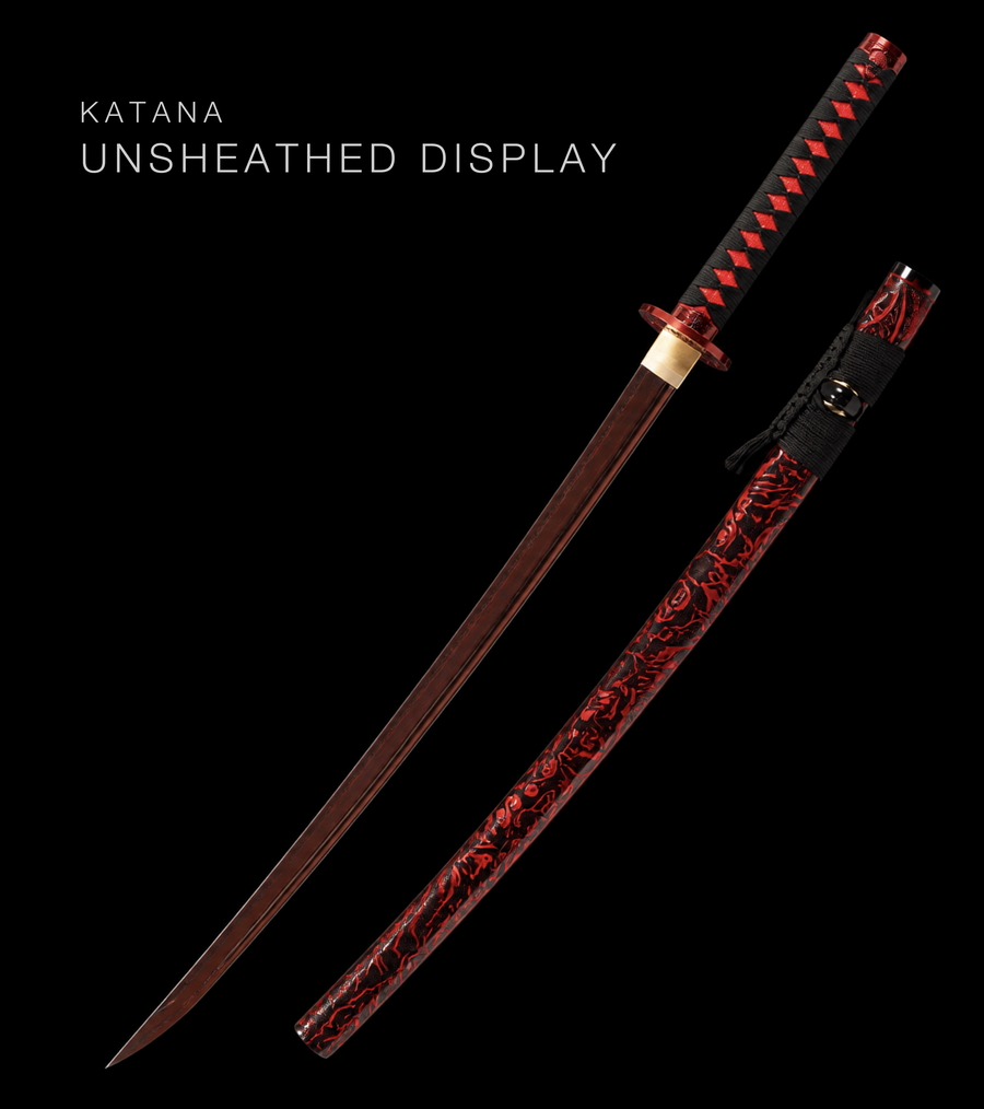 Folded Steel Katana — Black Ito, Red Carved Saya · Unsharpened