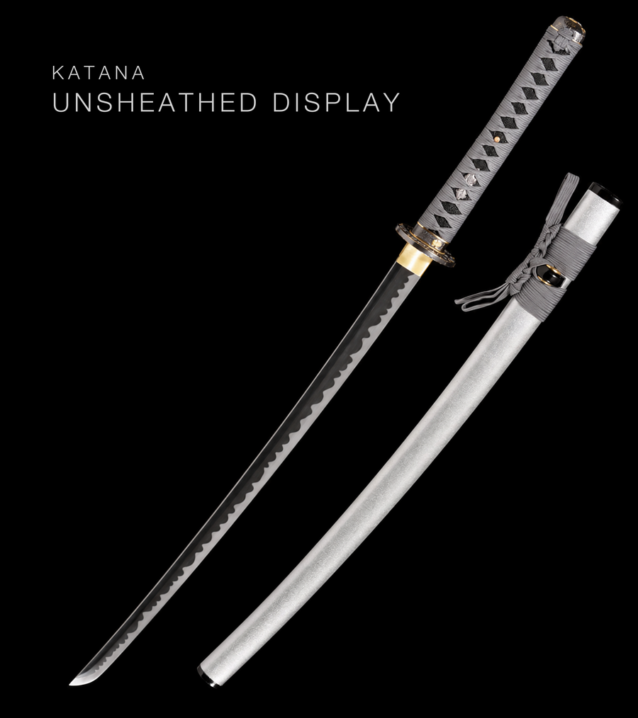 Blackened Katana — Grey Ito, Silver-White Saya · Unsharpened