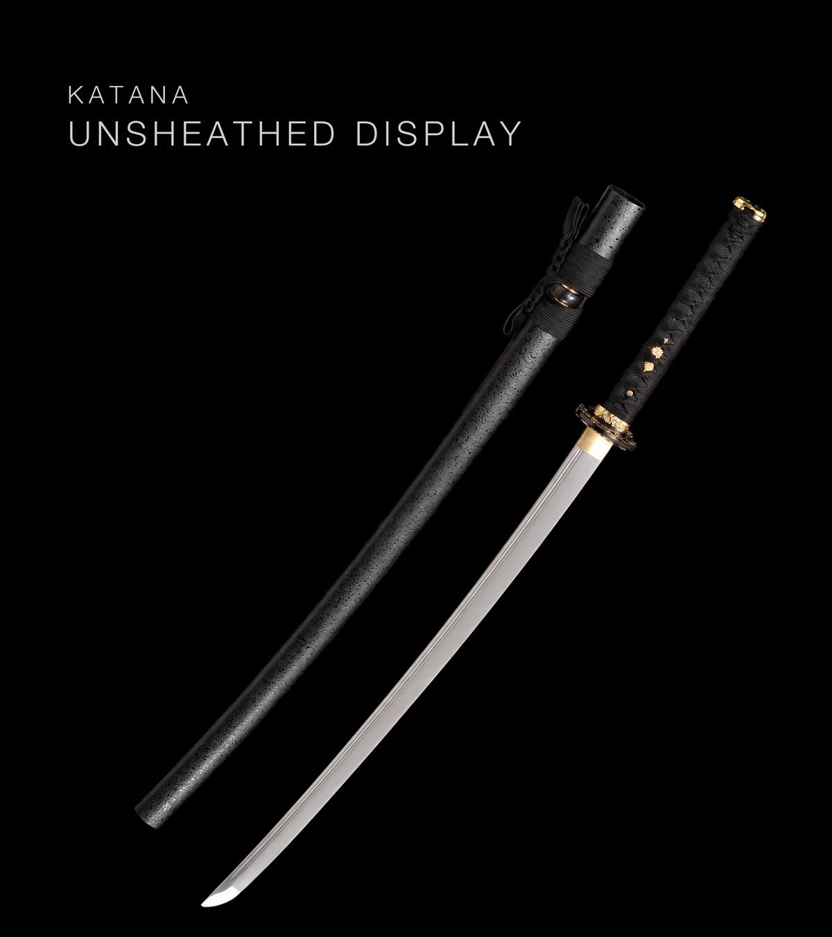 Unsharpened Katana — Gold-Menuki Ito, Black Speckled Saya