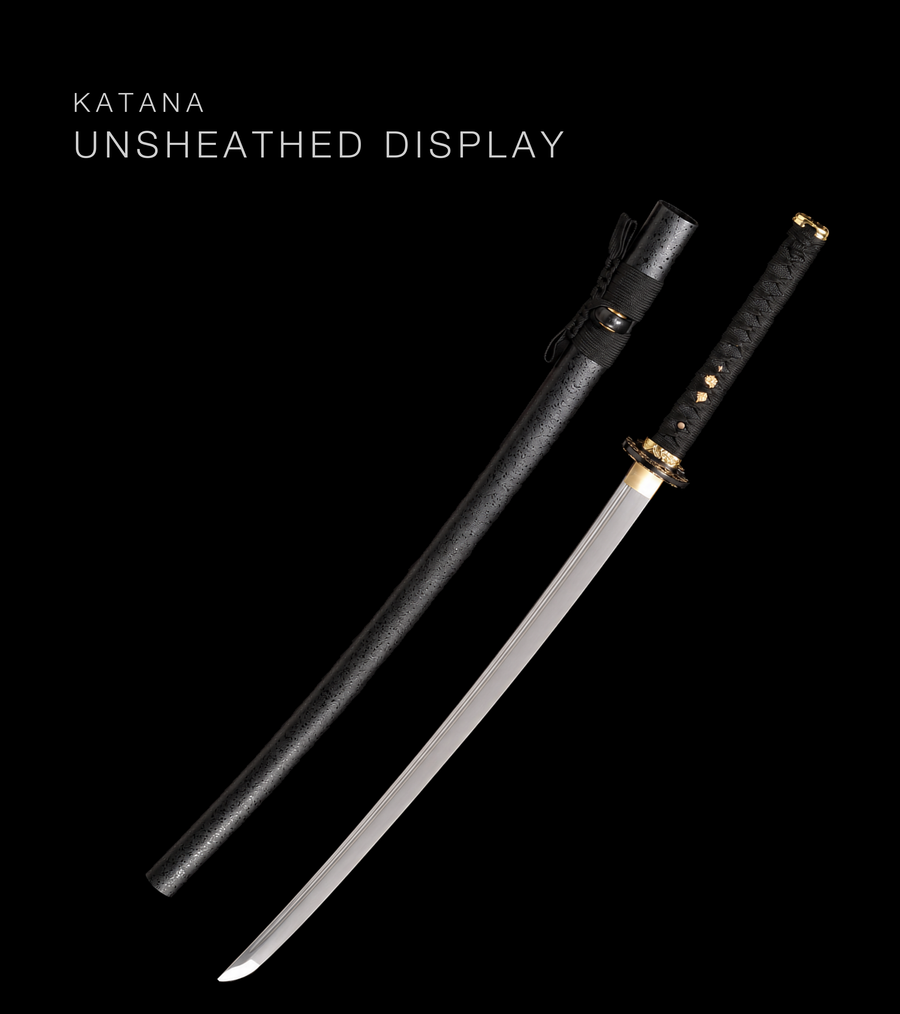 Unsharpened Katana — Gold-Menuki Ito, Black Speckled Saya