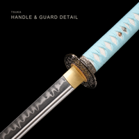 Unsharpened Deep-Curve Tachi — Clay-Tempered T10, Powder-Blue Ito, Kamon Saya — gallery image 8