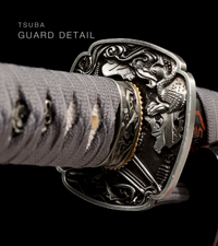 Unsharpened T10 Clay-Tempered Collector Katana — Grey Ito, Russet Carved Saya — gallery image 4