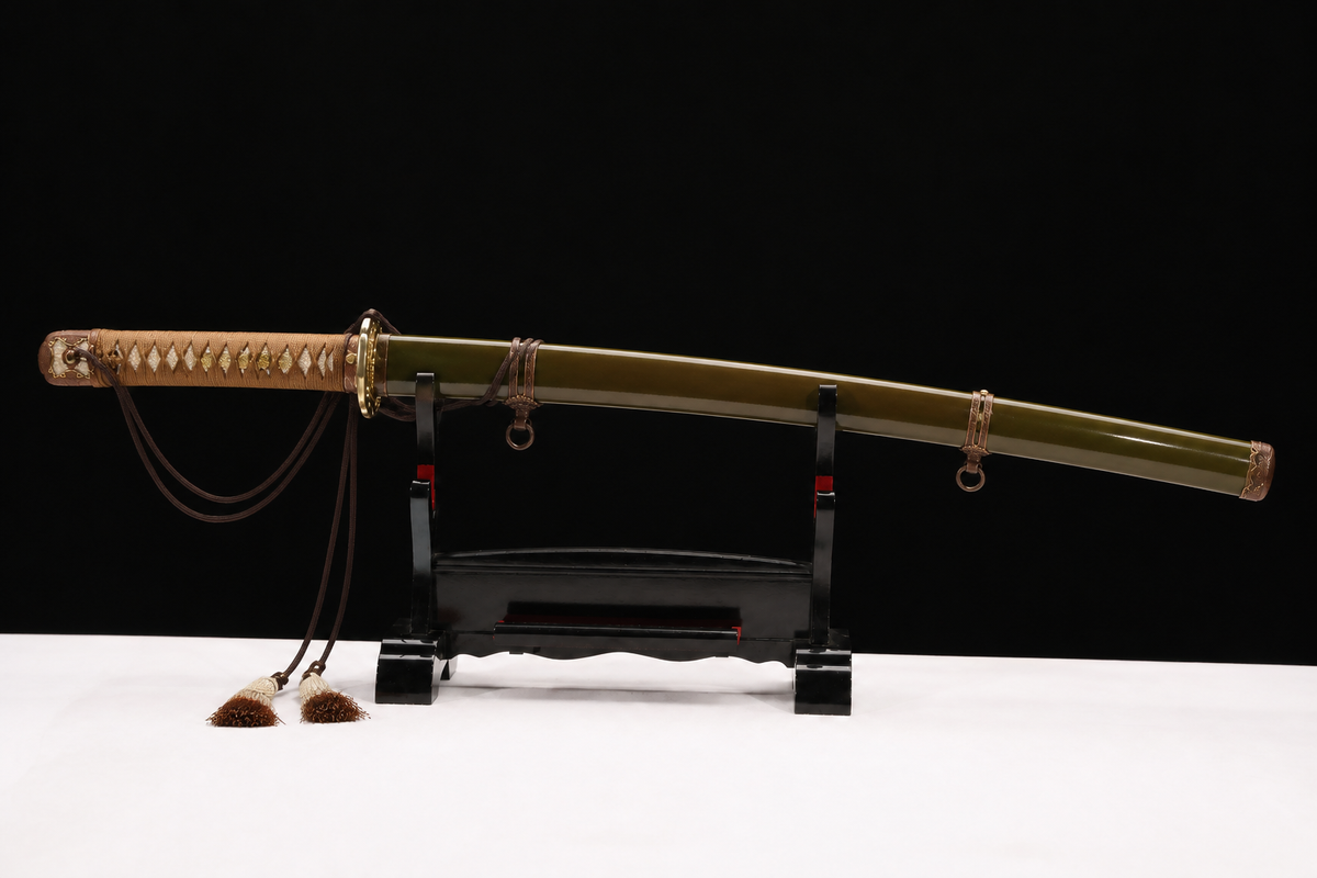Kobuse Jigane Type 98 Sword — Brown Ito, Olive Iron Saya — photograph 1