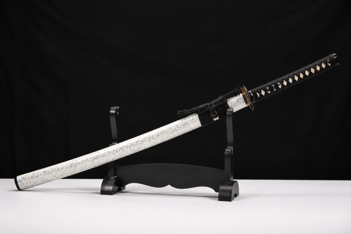 Unsharpened Gilt-Lion Collector Katana — Clay-Tempered T10, Lacquered Saya — sheathed, full view