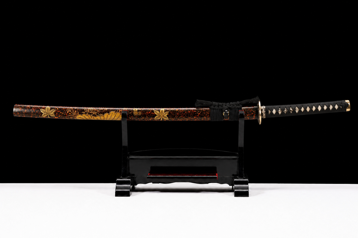 Hand-Painted Saya Katana — Sanmai Folded Steel, Gold Chrysanthemum — sheathed, full view