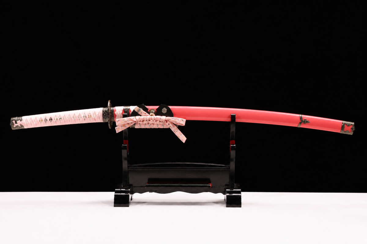 Deep-Curve Tachi — Patterned Steel, Coral Saya, Sakura Ito — sheathed, full view