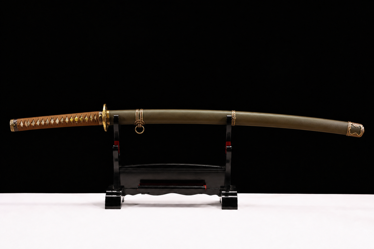 T10 Clay-Tempered Type 98 Sword — Tan Ito, Olive Iron Saya — photograph 1
