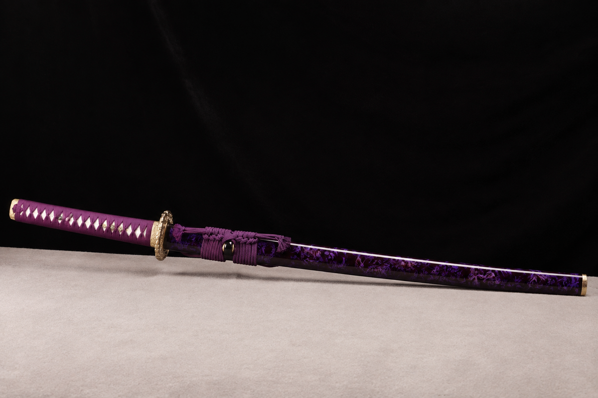 Unsharpened Purple-Flame Collector Katana — Slim Saya, Copper Fittings — sheathed, full view