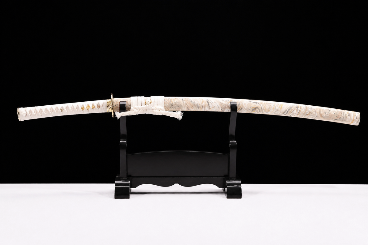 Unsharpened Aurora Collector Katana — 5160 Spring Steel, Slim Saya — sheathed, full view