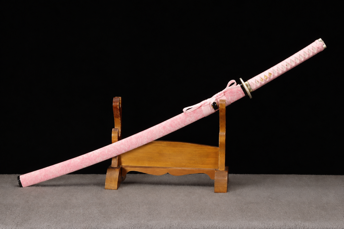 Unsharpened Pink Collector Katana — T10 Tool Steel, Clay-Tempered, Bo-Hi — sheathed, full view
