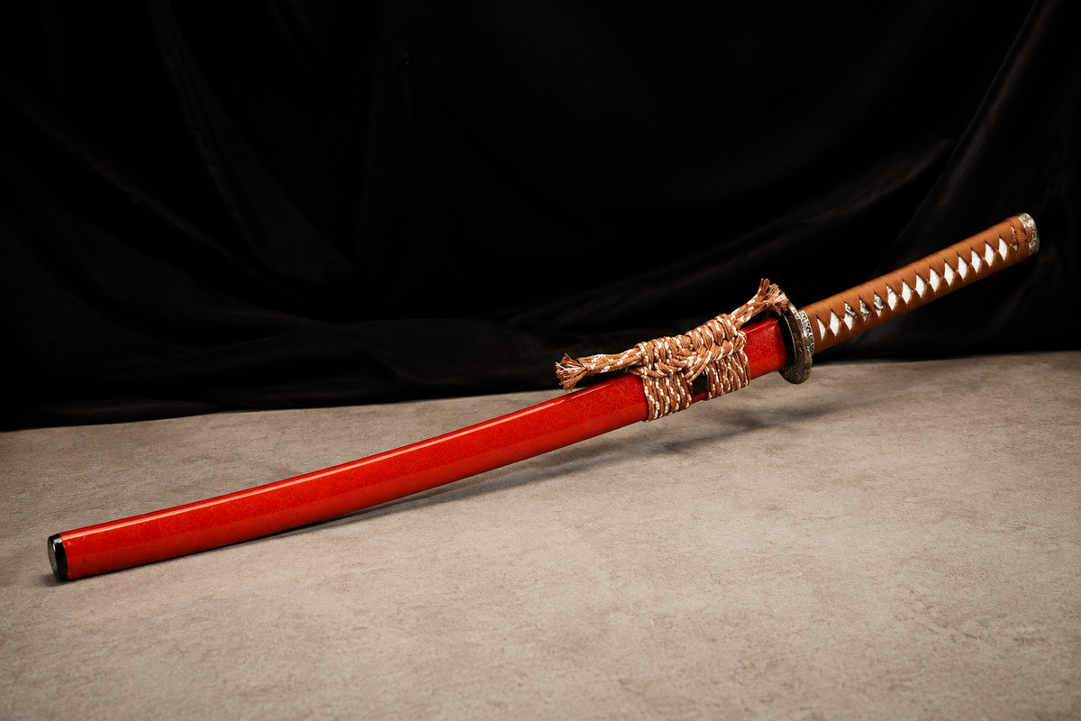 Unsharpened Collector Katana — T10 Tool Steel, Clay-Tempered, Copper Mounts — sheathed, full view