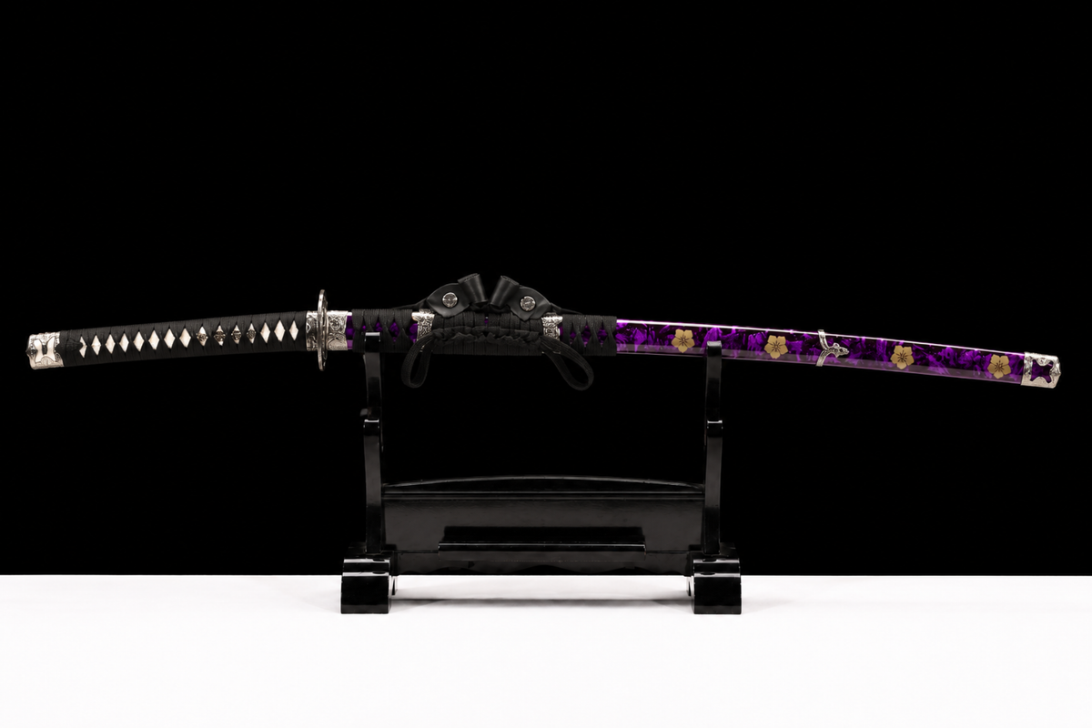 Angled-Tsuka Katana — Mirror-Polished 5160, Plum-Pattern Saya — sheathed, full view