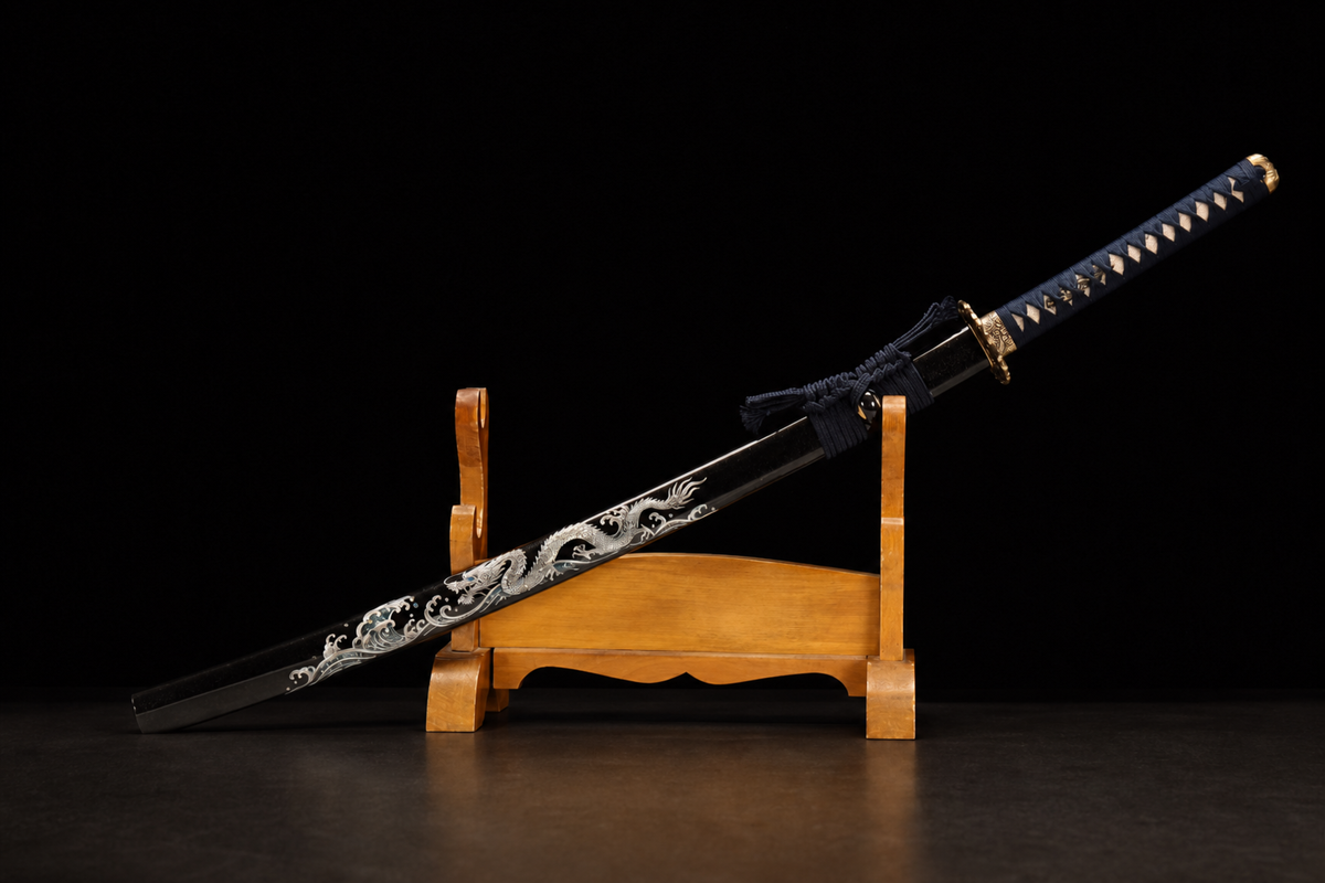 Rising Dragon Katana — Clay-Tempered T1095, Wave-Inlaid Saya, Copper Fittings — sheathed, full view