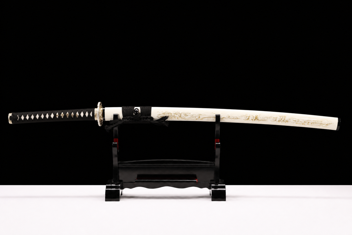 Chonglou Katana — Gold-Painted White Saya, Floral Mokko Tsuba — sheathed, full view